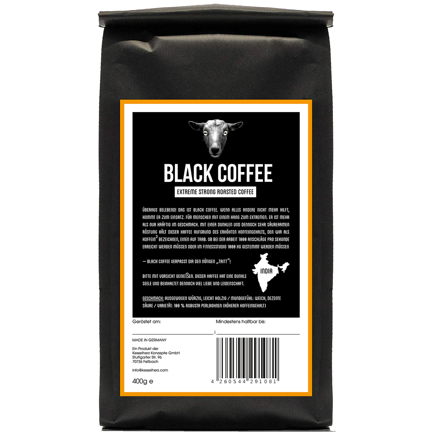 Black Coffee India Diavolo | 100% Robusta Perlbohnen | Dunkle Röstung | Hoher Koffeingehalt