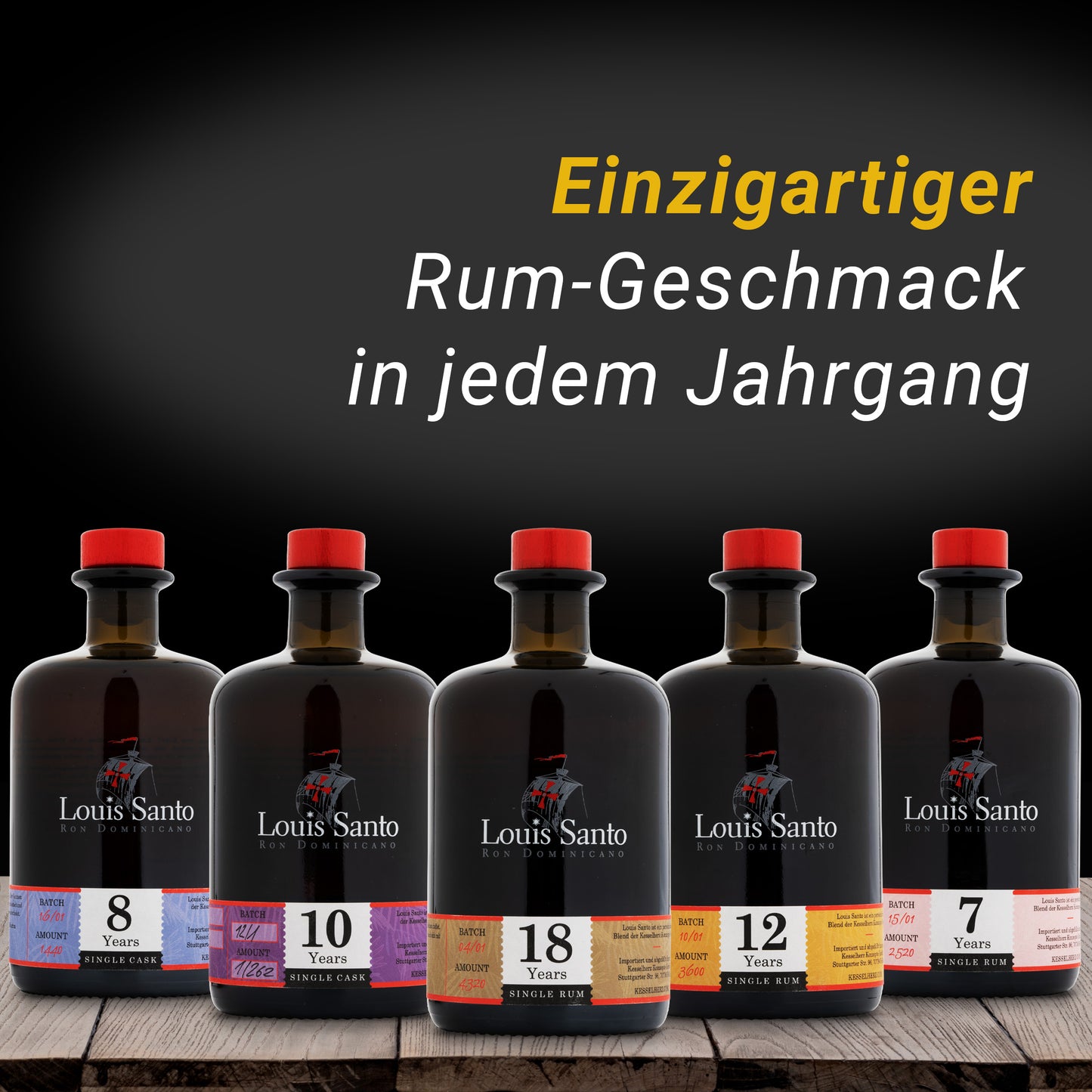 Louis Santo Rum Flaschen der Jahrgänge 8, 10, 18, 12 und 7 auf einem Holztisch stehend. Darüber steht geschrieben "Einzigartiger Rum Geschmack in jedem Jahrgang"