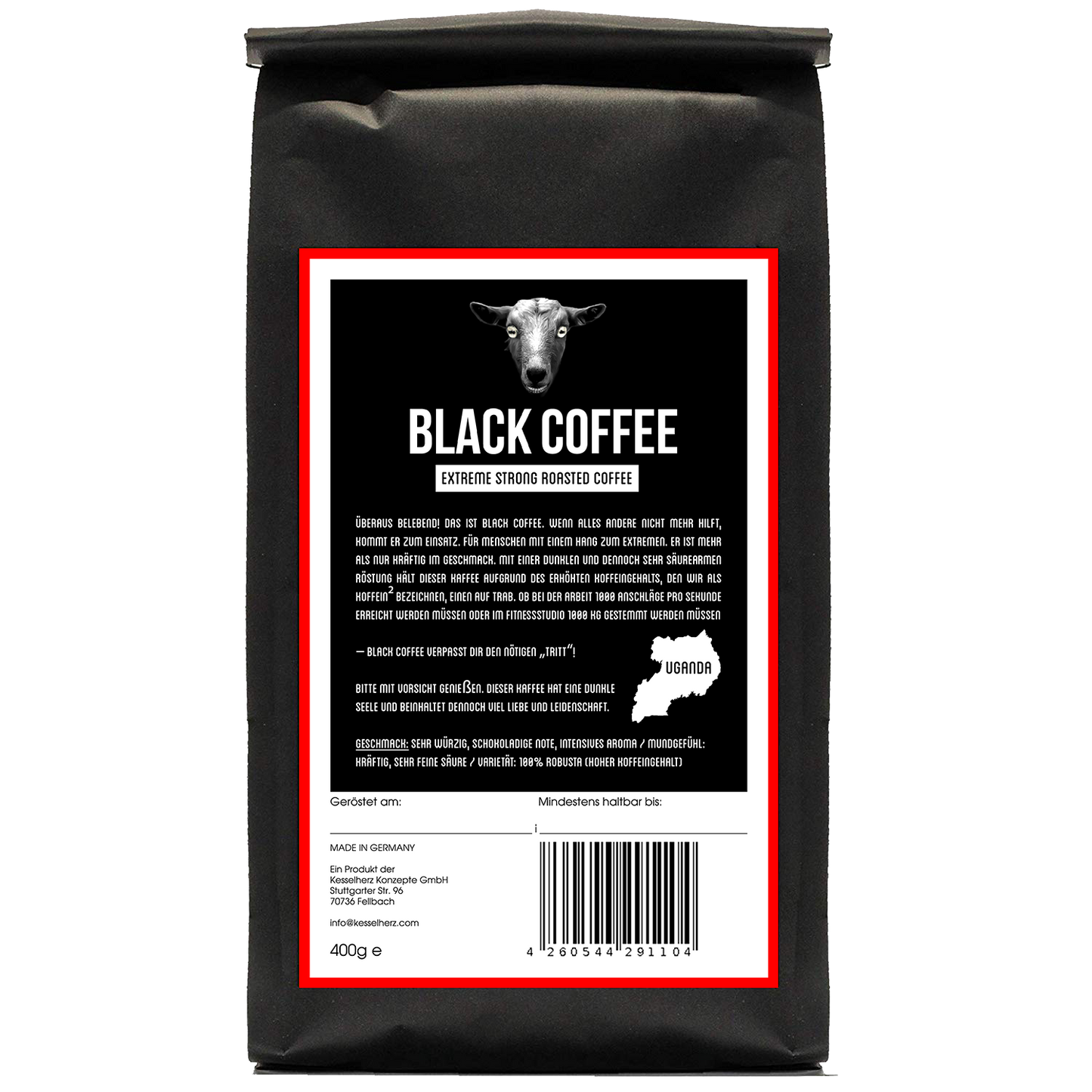 Black Coffee Uganda Rückseite. Sehr würzig, Schokoladen Note, Intensives Aroma, Mundgefühl: Kräftig, Sehr feine Säure, Varietät: 100% Robusta, ( Hoher Koffeingehalt)