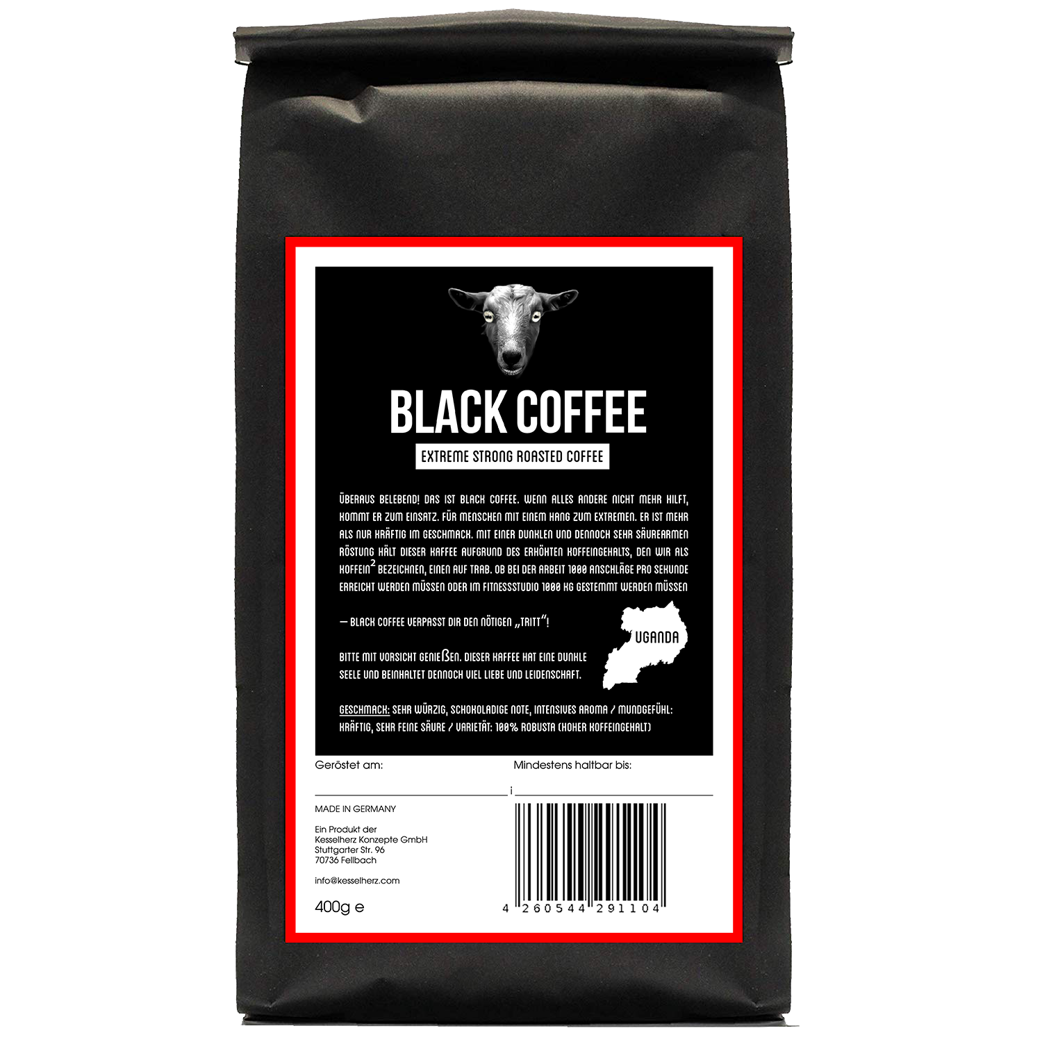 Black Coffee Uganda Rückseite. Sehr würzig, Schokoladen Note, Intensives Aroma, Mundgefühl: Kräftig, Sehr feine Säure, Varietät: 100% Robusta, ( Hoher Koffeingehalt)
