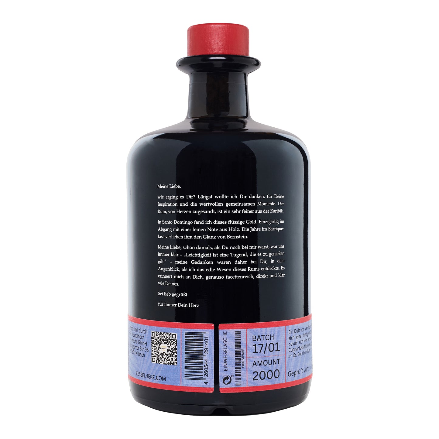 Rückseite der Louis Santo Rum Flasche des Jahrgangs 8