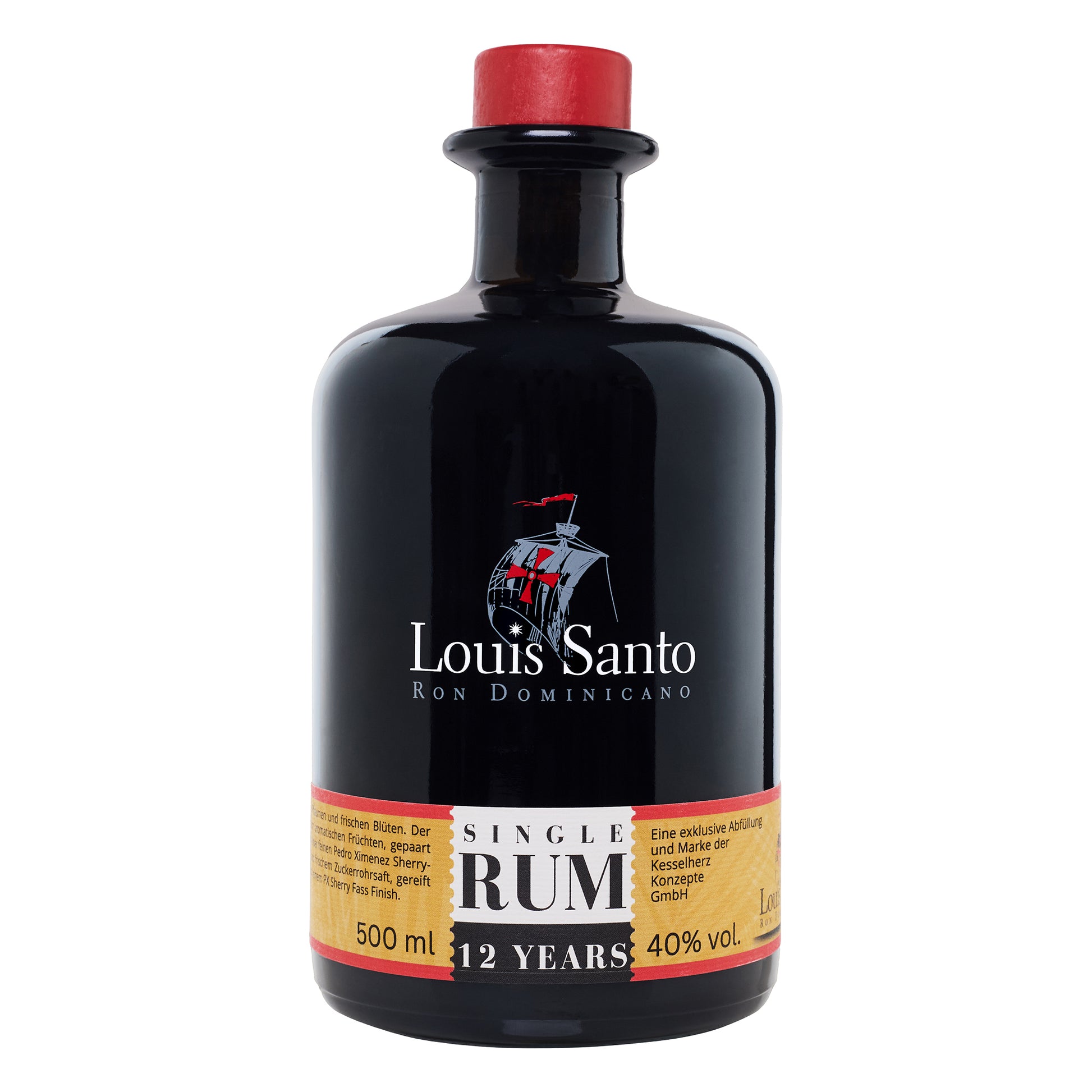 Vorderseite mit Beschriftung des Louis Santo Premium Rum 12Jahre