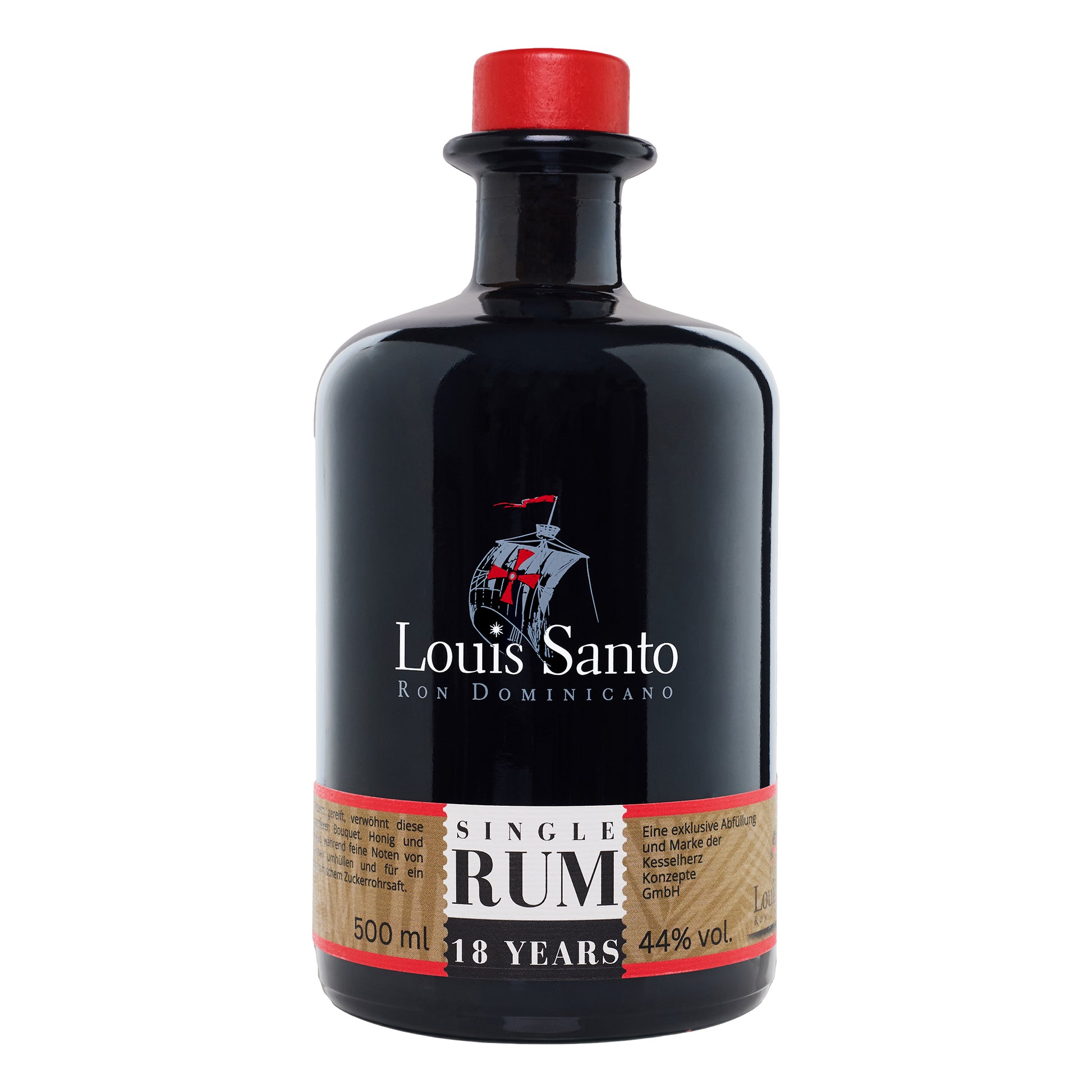 Vorderseite mit Beschriftung des Louis Santo Premium Rum 18 Jahre mit einer Silbermedaille um den Flaschenhals hängend