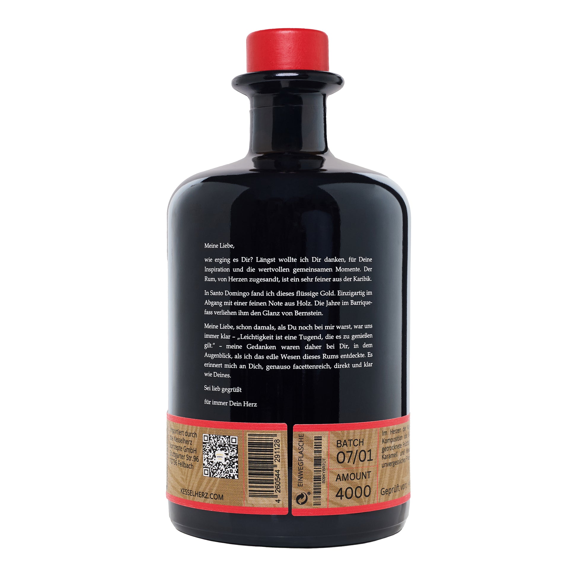 Rückseite mit Beschriftung des Louis Santo Premium Rum 18 Jahre