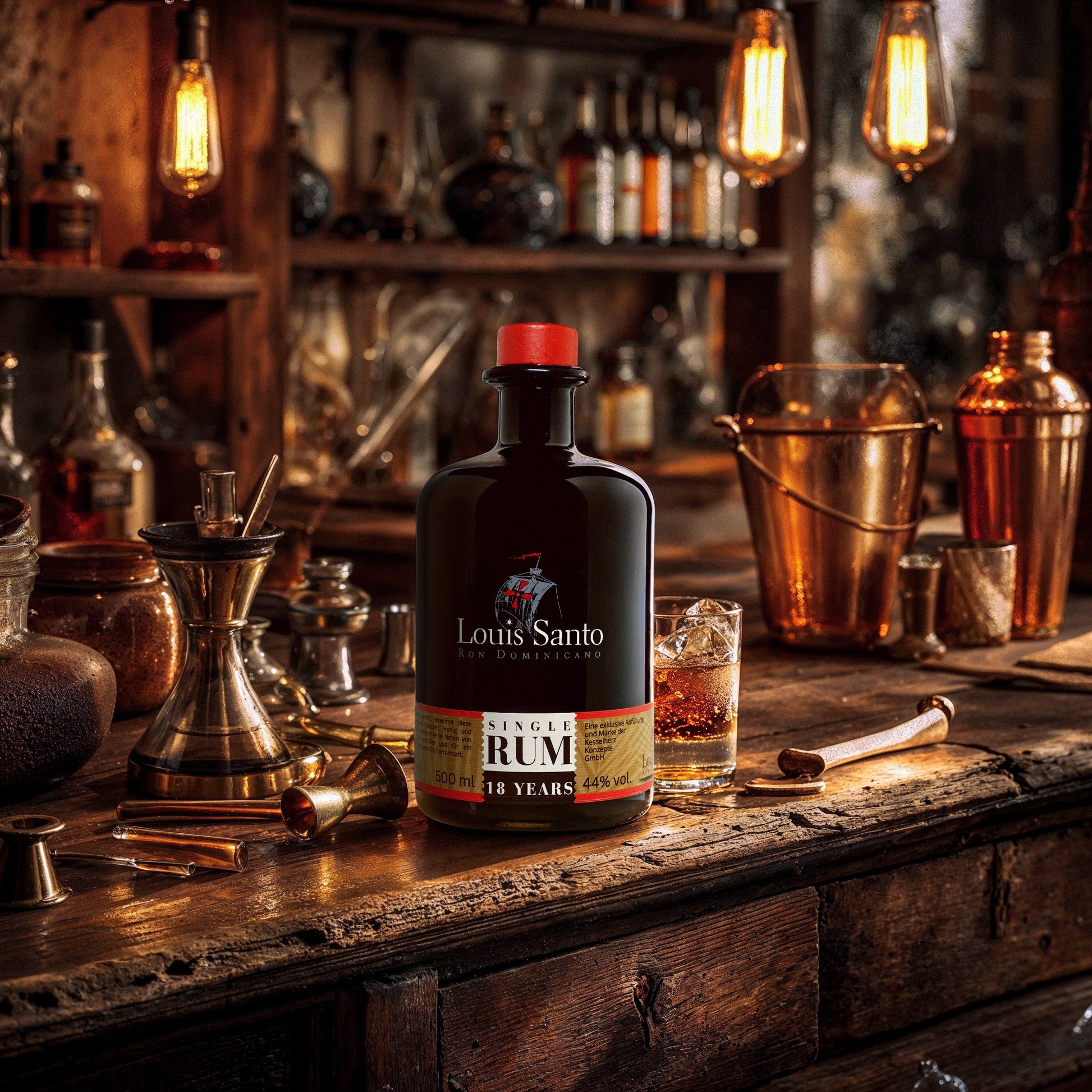 Flasche Louis Santo Rum 18 Jahre mit Glas auf Tisch.