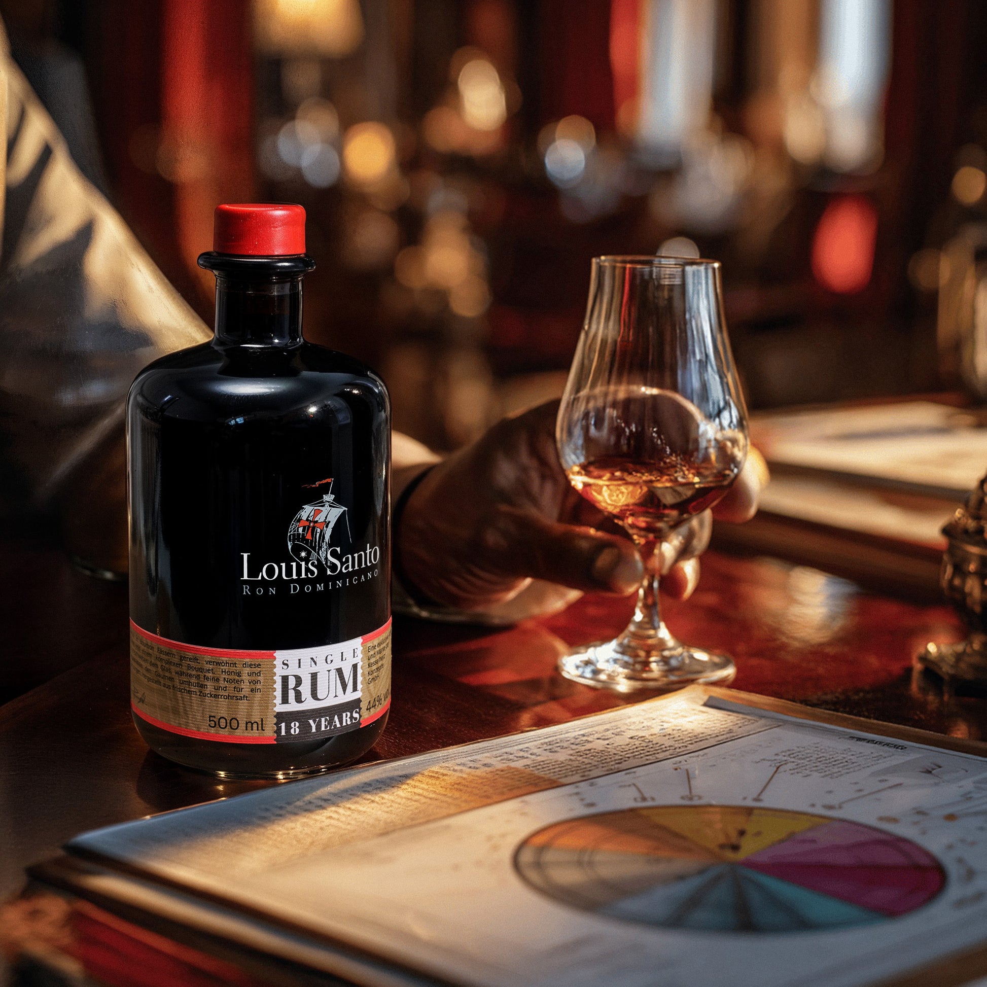 Flasche Louis Santo Rum 18 Jahre mit Glas auf Tisch, Person im Hintergrund