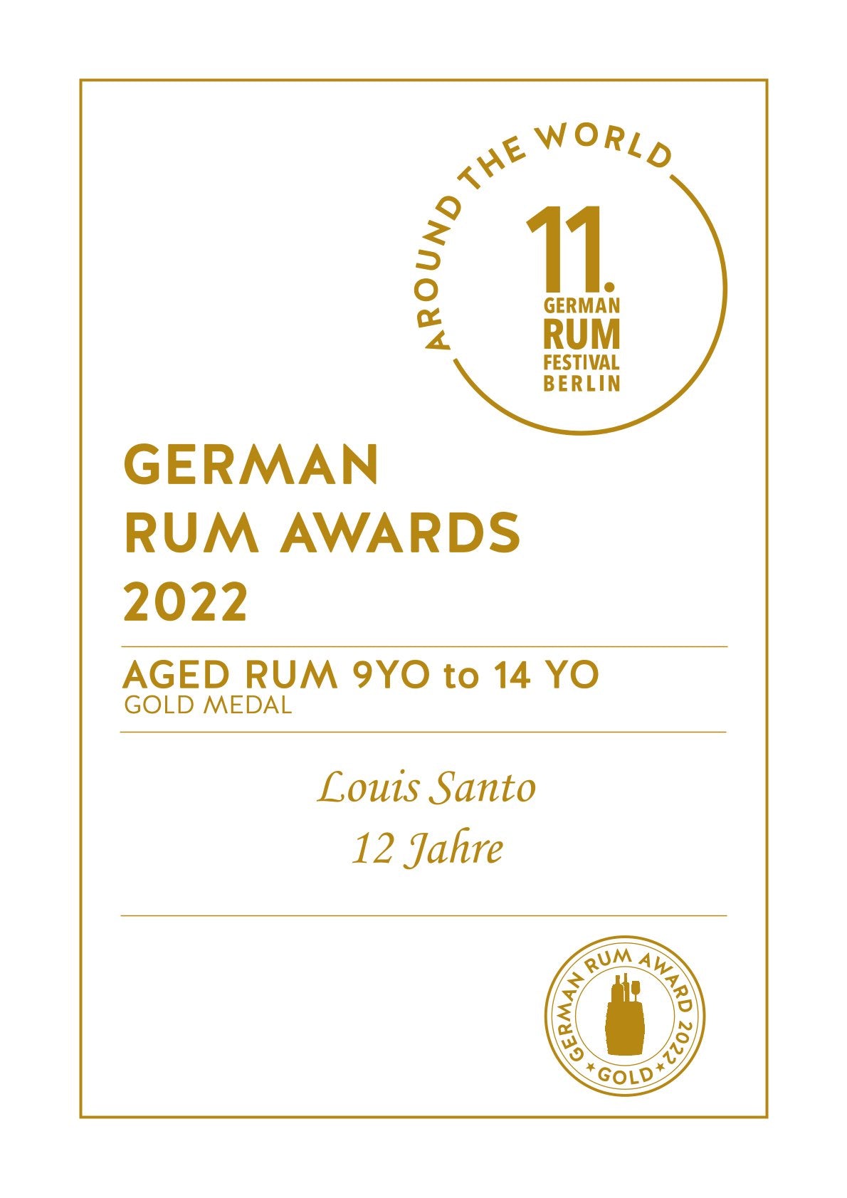 Bild von der Urkunde der Goldmedaille des Louis Santo 12 Jahre gereiften Rums auf dem 11. German Rum Award in der Kategorie 9-14 Jahre
