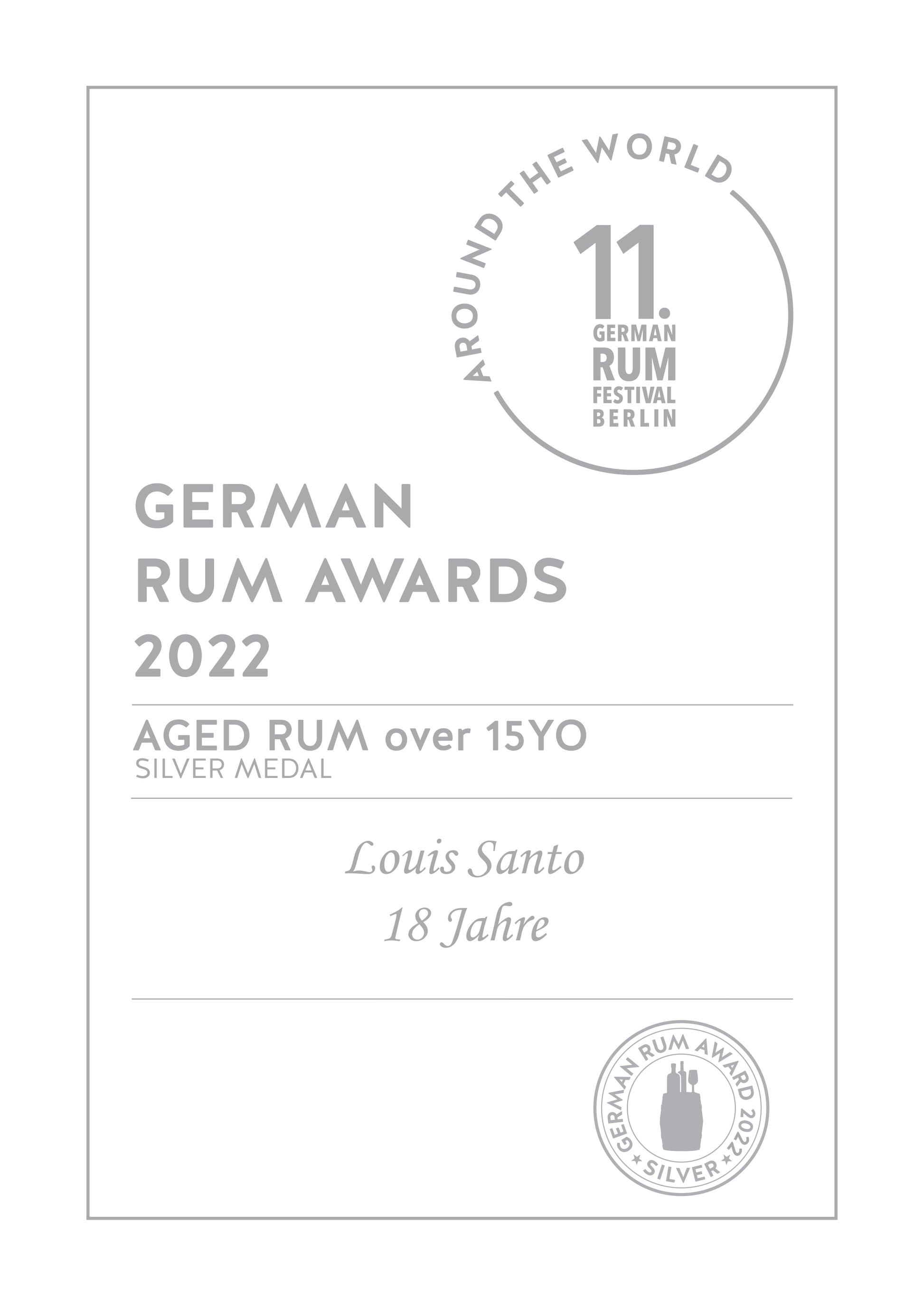 Bild der Auszeichnung des 11 german Rum Festivals Berlin, Rum Award 2022, Silbermedaille, in der Kategorie "Rum gereift über 15 Jahre" geht an den Louis Santo Rum 18 Jahre Reifung