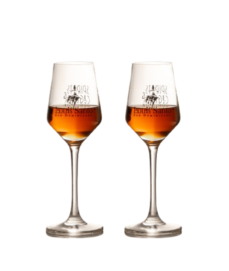 Zwei Nosing Glaeser mit dem Aufdruck Louis Santo und Spirits and Cigars