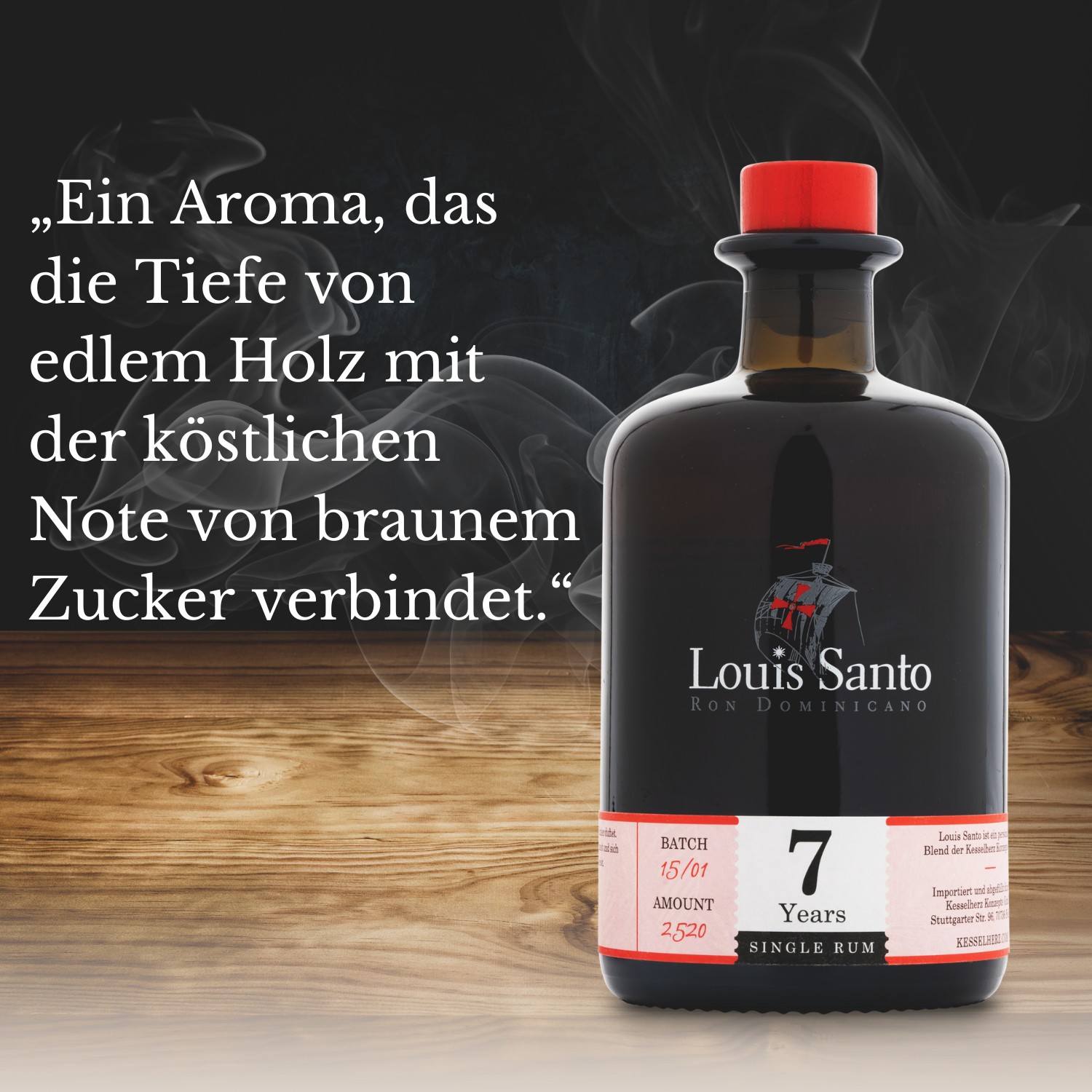 Louis Santo 12Jahre gereiften Rum, mit Beschreibungstext des Geschmacks