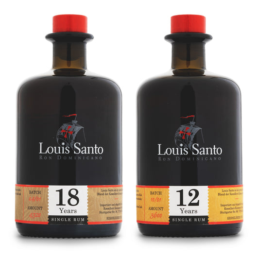 Louis Santo Premium Rum 18 Jahre und rechts daneben 12 Jahre single Rum in je einer 0,5 L Flasche