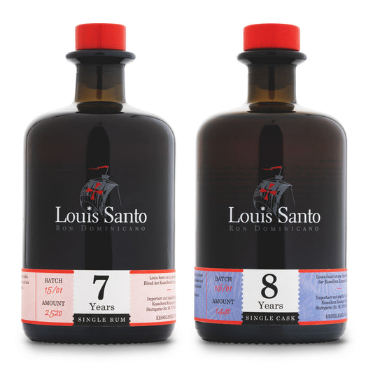Louis Santo Premium Rum 7 Jahre single Rum und rechts daneben 8 Jahre single Cask in je einer 0,5 L Flasche
