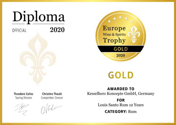 Diploma Urkunde der Europe Wine and Spirits Trophy 2020 für den Louis Santo Rum 12 Jahre