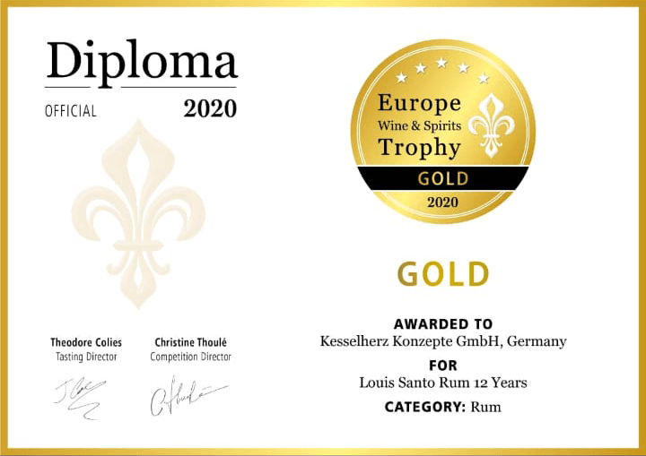 Bild von der Gold Auszeichnung des Louis Santo Rum 12 Jahre auf der  Europe Wine and Spirits Trophy 2020