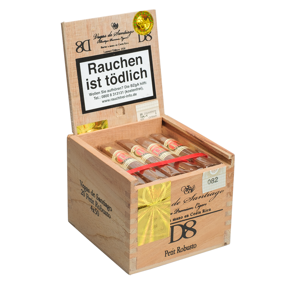 D8 Robusto Zigarren Vegas de Santiago Holzkiste 20 Stück , 4 mal 50 .