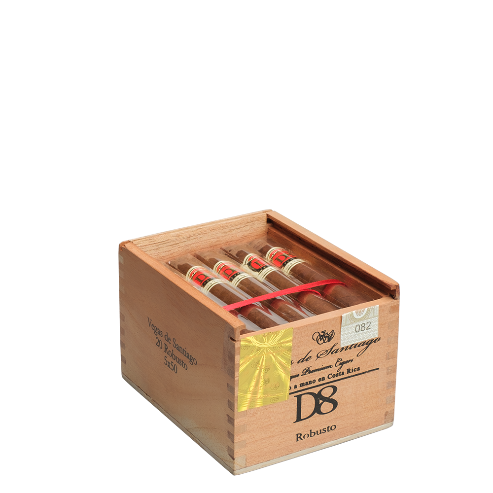 D8 Robusto Zigarren Vegas de Santiago Holzkiste geöffnet mit Zigarren sichtbar