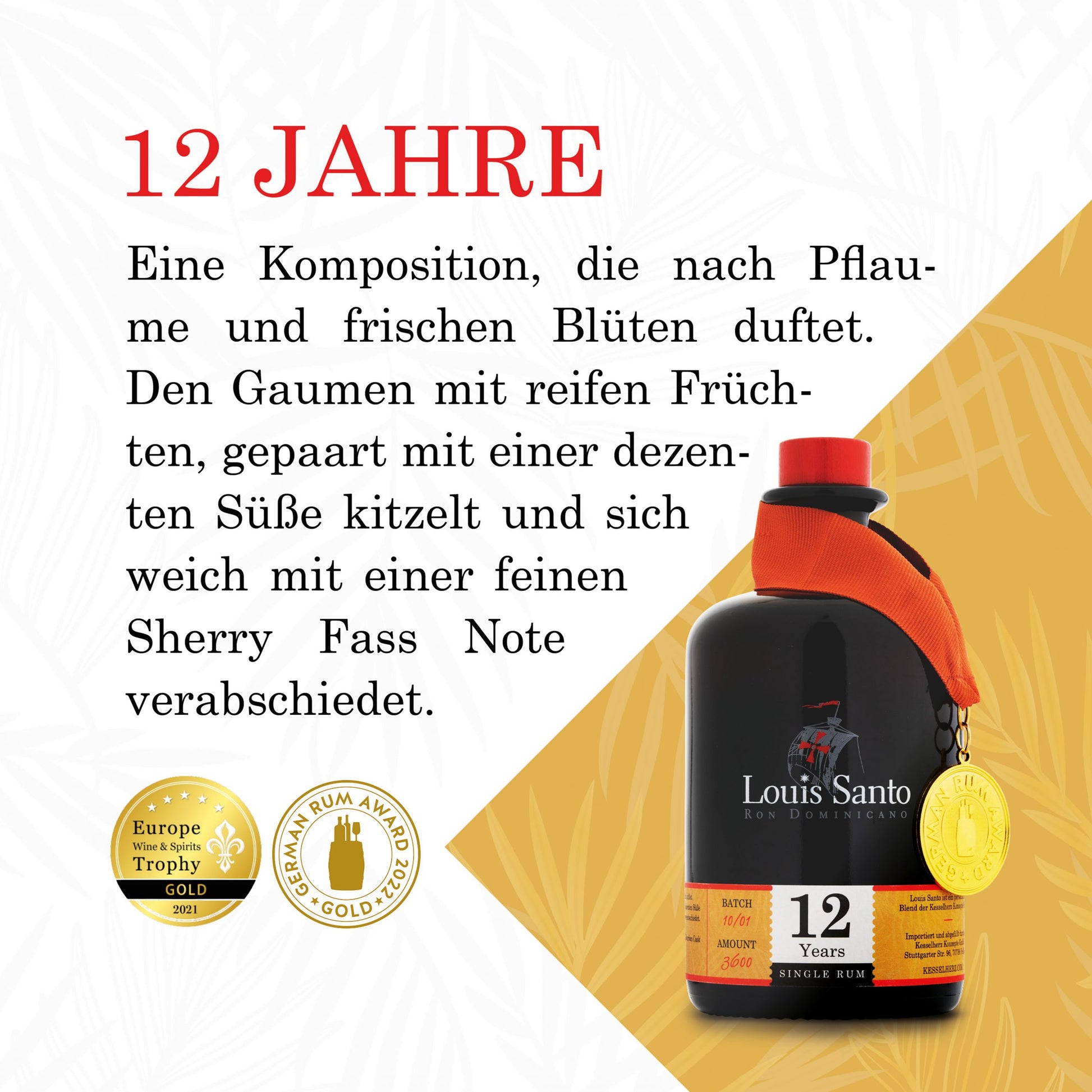 Flyer Louis Santo Single Rum 12 Jahre Reifung mit der Gold Auszeichnung im Jahr 2021 Europe Wine & Spirits Trophy und 2022 German Rum Awards