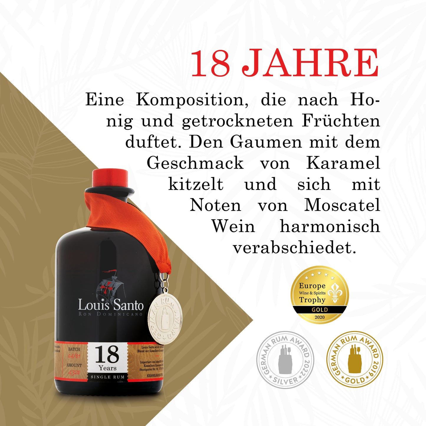 Flyer des Louis Santo Rum 18 Jahre gereift mit der Beschreibung der Geschmacksnuancen. Ausgezeichnet mit Gold 2019 , 2020 und Silber im Jahr 2022