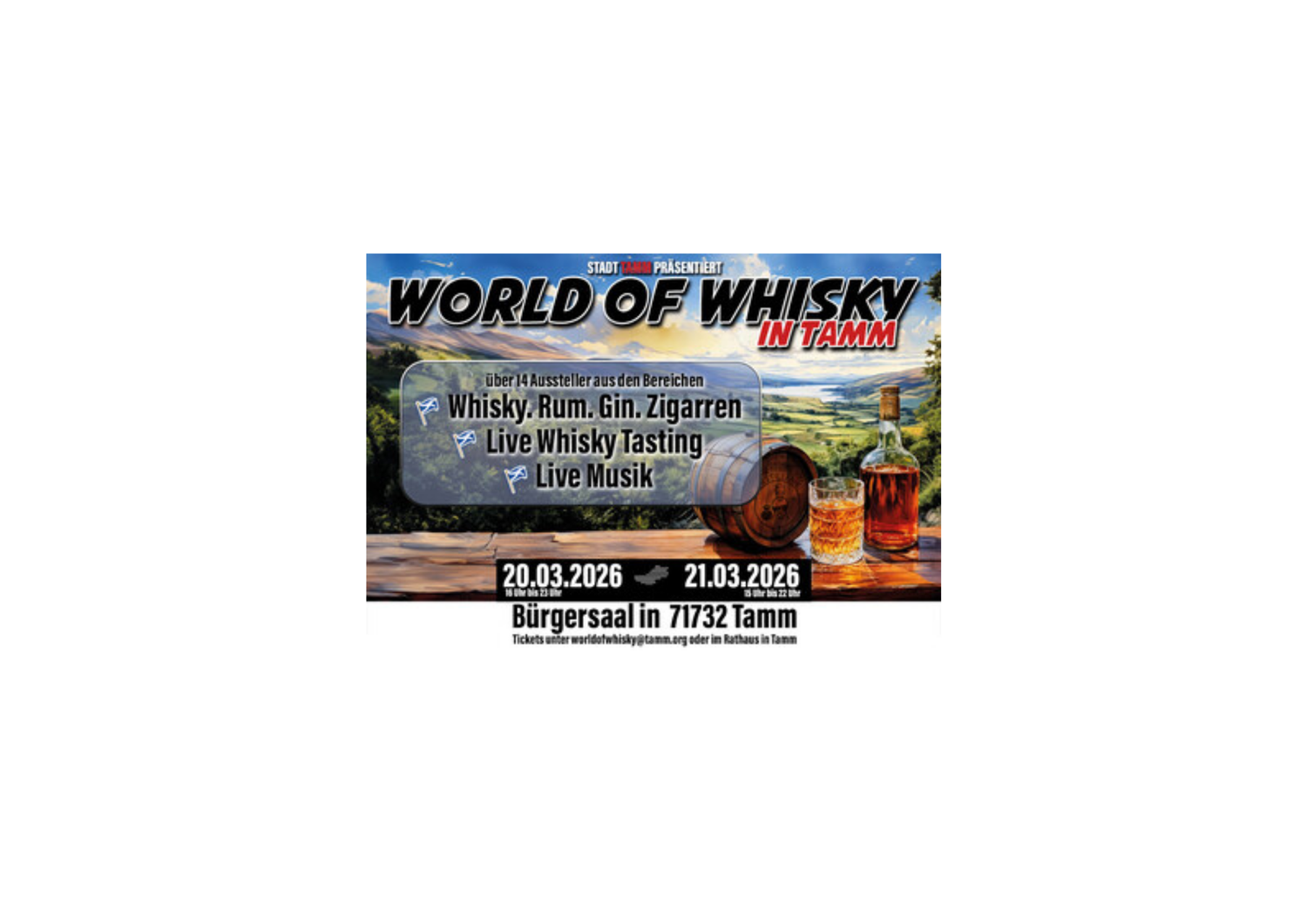 Flyer für "World of Whisky" in Tamm mit Whisyflasche und Landausblick abgebildet